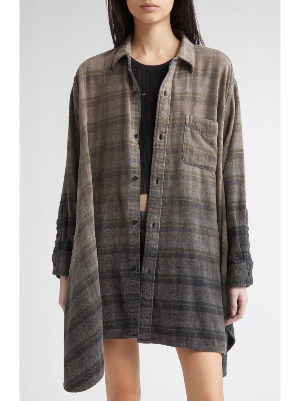 R13 Gray Black Cotton Plaid Draped Front Distressed Washed Oversized Top Shirt S